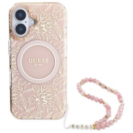 Etui Guess IML Flowers Allover Electro With Pearl Strap MagSafe na iPhone 16 Plus - różowe