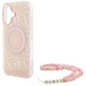 Etui Guess IML Flowers Allover Electro With Pearl Strap MagSafe na iPhone 16 Plus - różowe