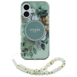 Etui Guess IML Flowers With Pearl Strap MagSafe na iPhone 16 Plus - zielone