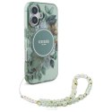 Etui Guess IML Flowers With Pearl Strap MagSafe na iPhone 16 Plus - zielone