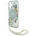 Etui Guess IML Flowers With Pearl Strap MagSafe na iPhone 16 Plus - zielone