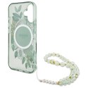 Etui Guess IML Flowers With Pearl Strap MagSafe na iPhone 16 Plus - zielone