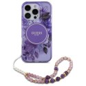 Etui Guess IML Flowers With Pearl Strap MagSafe na iPhone 16 Pro Max - fioletowe