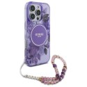 Etui Guess IML Flowers With Pearl Strap MagSafe na iPhone 16 Pro Max - fioletowe