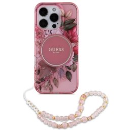 Etui Guess IML Flowers With Pearl Strap MagSafe na iPhone 16 Pro Max - różowy