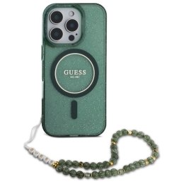 Etui Guess IML Glitter With Pearl Strap MagSafe na iPhone 16 Pro Max - zielone