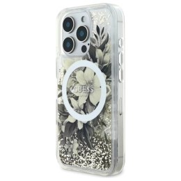 Etui Guess Liquid Glitter Flower MagSafe na iPhone 16 Pro Max - beżowe