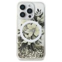 Etui Guess Liquid Glitter Flower MagSafe na iPhone 16 Pro - beżowe