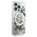 Etui Guess Liquid Glitter Flower MagSafe na iPhone 16 Pro - beżowe