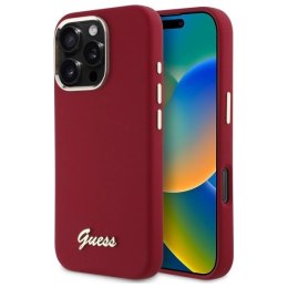 Etui Guess Silicone Script Metal Logo na iPhone 16 Pro Max - różowe