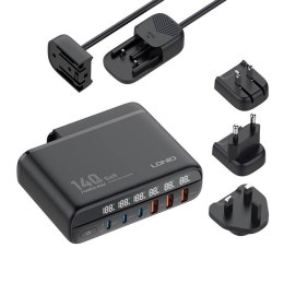 Ładowarka sieciowa z wyświetlaczem 140W LDNIO A6140C 3x USB-A + 3x USB-C, US/UK/EU (czarna)