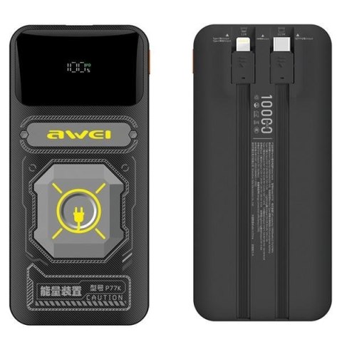 AWEI PowerBank 10000mAh 22,5W P77K wbudowane kable lightning USB-C wyjścia 1xUSB+2xUSB-C