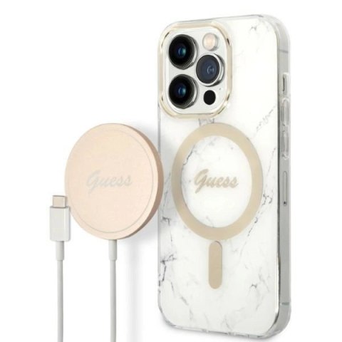 Zestaw Guess GUBPP14LHMEACSH Case+ Charger iPhone 14 Pro 6,1" biały/white hard case Marble MagSafe