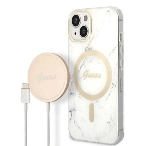 Zestaw Guess GUBPP14SHMEACSH Case+ Charger iPhone 14 6,1" biały/white hard case Marble MagSafe