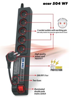 Listwa przeciwprzepięciowa Acar 504WF 3,0m czarna