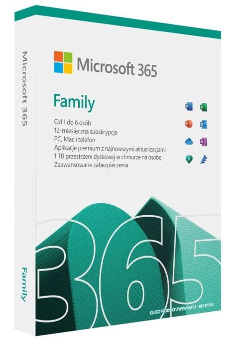 Microsoft Oprogramowanie Microsoft M365 Family Polish Subscription P8 EuroZone 1 License Medialess 1 Year