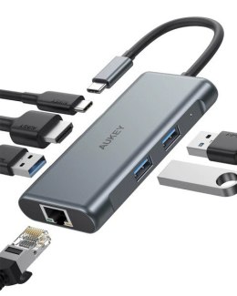 AUKEY CB-C75 aluminiowy HUB USB-C | 6w1 | RJ45 Ethernet 10/100/1000Mbps | 3xUSB 3.1 | HDMI 4k@30Hz | USB-C Power Delivery 100W