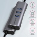 AXAGON Karta sieciowa HMA-GL3AP 3x USB-A + GLAN, USB3.2 Gen 1 hub, metalowy, micro USB power, 20cm USB-A kabel