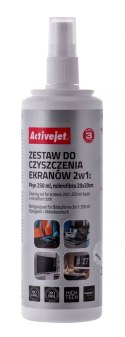 Activejet AOC-269 Zestaw do czyszczenia ekranów 2w1 250 ml/20x20 cm, Płyn czyszczący do ekranów i Ściereczka czyszcząca z mikrof