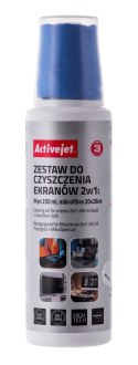 Activejet AOC-269 Zestaw do czyszczenia ekranów 2w1 250 ml/20x20 cm, Płyn czyszczący do ekranów i Ściereczka czyszcząca z mikrof