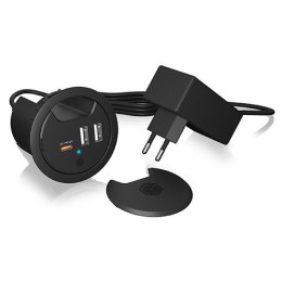 IcyBox IB-HUB1407 3 Port ładowarka do biurka, 2x USB-A, 1x USB-C, otwór 60mm