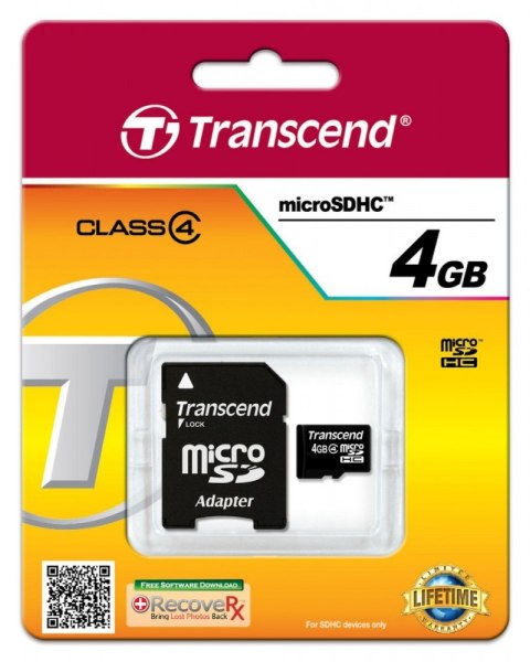 Transcend Karta pamięci microSDHC 4GB Class4 19/5 MB/s + adapter