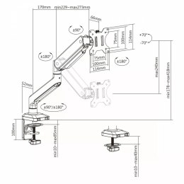 Uchwyt do monitora aluminiowy ze sprężyną gazową Ergo Office, podwójne ramię, vesa 75x75/100x100, 17