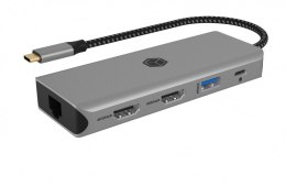 IcyBox Stacja dokująca IB-DK4012-CPD 9w1, 2x HDMI, 4K60Hz, 3xUSB, 100W PD,LAN, Czytnik kart