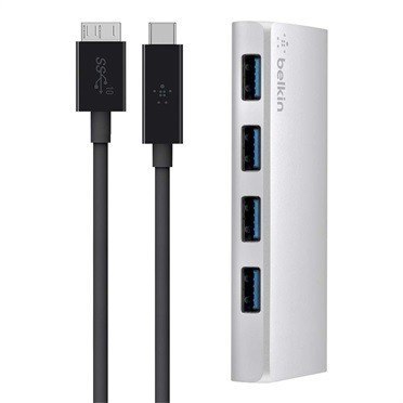 Belkin Hub USB-C do 4xUSB3.0 z kablem USB-C Micro-B 1m srebrny