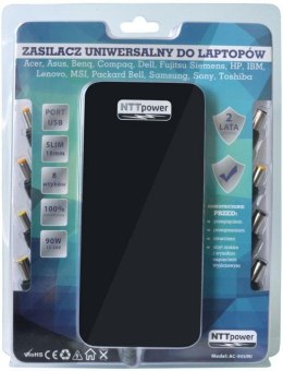 Zasilacz sieciowy NTT POWER AC-90UNI SLIM Automatic USB do notebooków, moc 90W