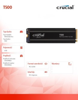 Crucial Dysk SSD T500 4TB M.2 NVMe 2280 PCIe 4.0 7400/7000 Radiator