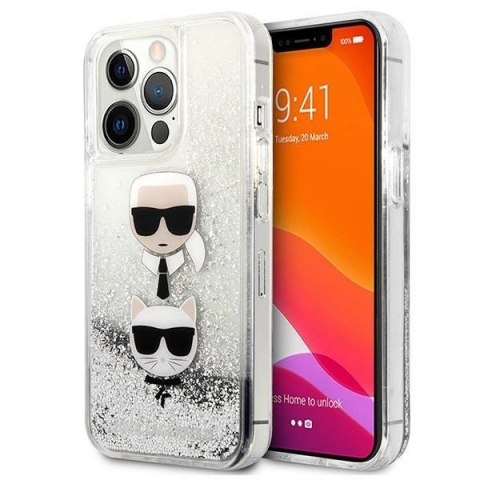 Etui Karl Lagerfeld Liquid Glitter Karl&Choupette Head na iPhone 13 Pro Max - srebrne