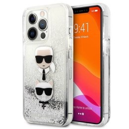 Etui Karl Lagerfeld Liquid Glitter Karl&Choupette Head na iPhone 13 Pro / iPhone 13 - srebrne