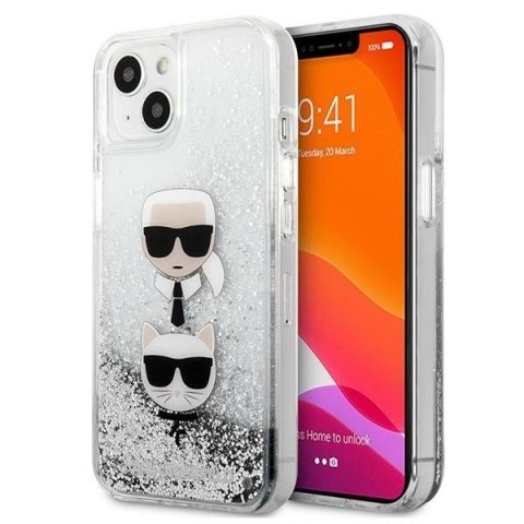 Etui Karl Lagerfeld Liquid Glitter Karl&Choupette Head na iPhone 13 mini - srebrne