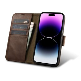 ICarer Oil Wax Wallet Case 2in1 etui iPhone 14 Pro Max skórzany pokrowiec z klapką Anti-RFID brązowy (WMI14220724-BN)