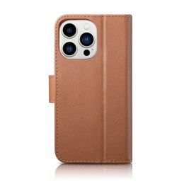 ICarer Wallet Case 2in1 etui iPhone 14 Pro skórzany pokrowiec z klapką Anti-RFID brązowy (WMI14220726-BN)