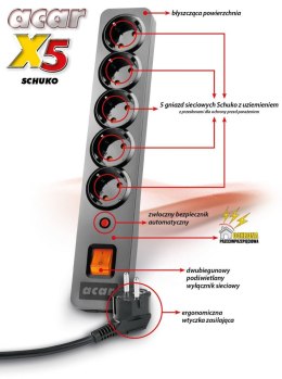 HSK DATA Listwa zasilająca Acar X5 Schuko 3,0m szara