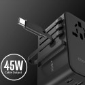 Adapter podróżny Choetech PD5021 45W EU / US / AUS / UK z wbudowanym kablem USB-C - czarny