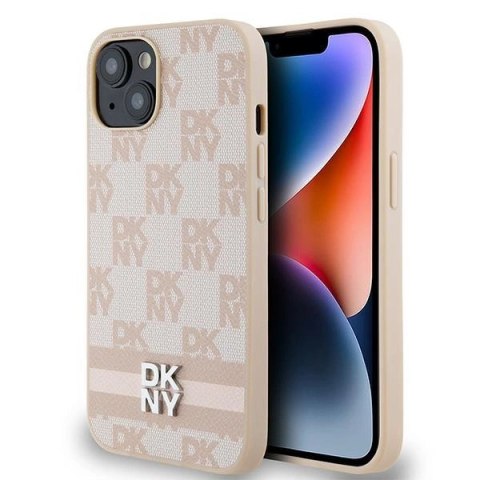 Etui DKNY Leather Checkered Mono Pattern & Printed Stripes na iPhone 15 Plus / 14 Plus - różowe