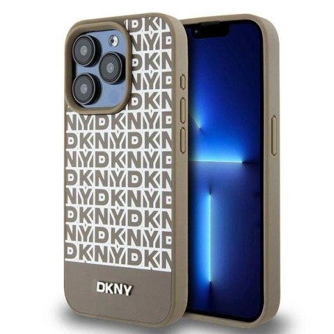 Etui DKNY Leather Printed Pattern Metal Logo MagSafe na iPhone 15 Pro - brązowe