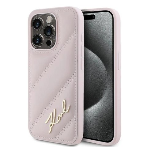 Etui Karl Lagerfeld Diagonal Quilted Script na iPhone 15 Pro - różowe