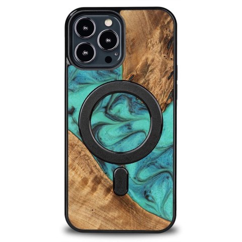 Etui Bewood Unique MagSafe Turquoise z drewna i żywicy na iPhone 13 Pro Max - turkusowo-czarne