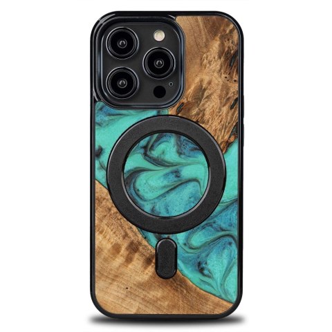 Etui Bewood Unique MagSafe Turquoise z drewna i żywicy na iPhone 14 Pro - turkusowo-czarne