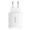 Ładowarka sieciowa Baseus Compact Quick Charger, 2xUSB, USB-C, PD, 3A, 30W (biała)