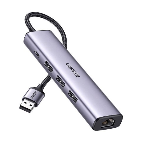 Adapter UGREEN 5w1 USB-A do 3x USB 3.0 + RJ45 + USB-C CM475(szary)