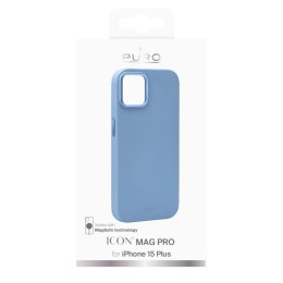 Puro Silicon Cover 'ICON MAG PRO' with magnets inside, metal buttons and camera ring for iPhone 15 Plus, light blue color