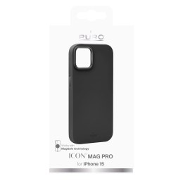 Puro Silicon Cover 'ICON MAG PRO' with magnets inside, metal buttons and camera ring for iPhone 15, black color