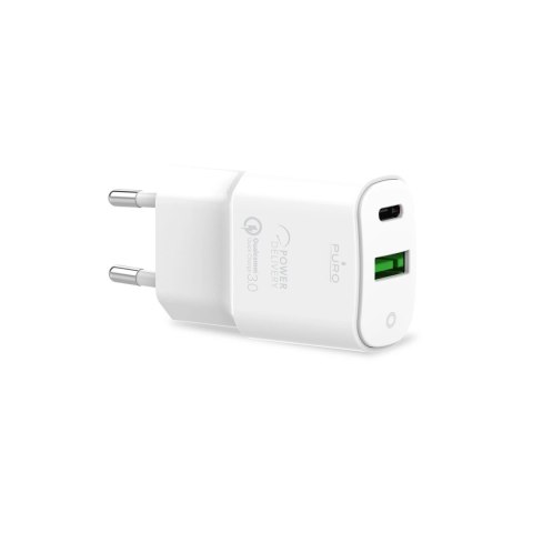 Puro White Fast Charger Power Delivery Mini Travel Charger 1 USB-C + 1 USB-A, 20W, white