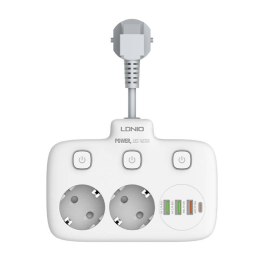 Listwa zasilająca z 2 gniazdami AC, 3x USB, USB-C, LDNIO SE2435, 2500W (biała)