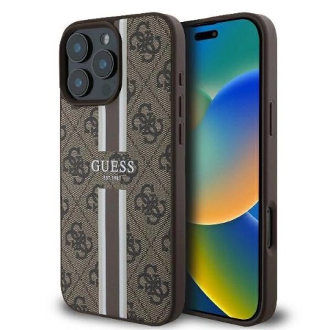 Etui Guess 4G Printed Stripes MagSafe na iPhone 16 Pro - brązowe